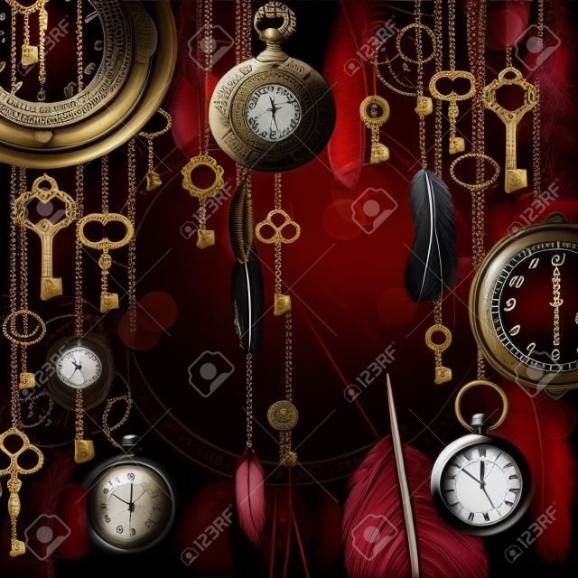 Antique deep red background with pocket watches and feathers