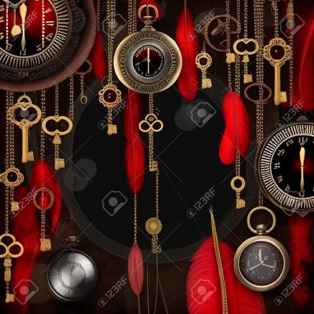 Antique deep red background with pocket watches and feathers