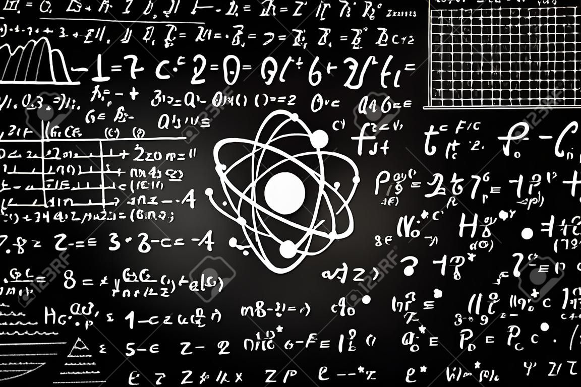 Blackboard inscribed with scientific formulas and calculations in physics and mathematics. Can illustrate scientific topics tied to quantum mechanics, relativity theory and any scientific calculations.