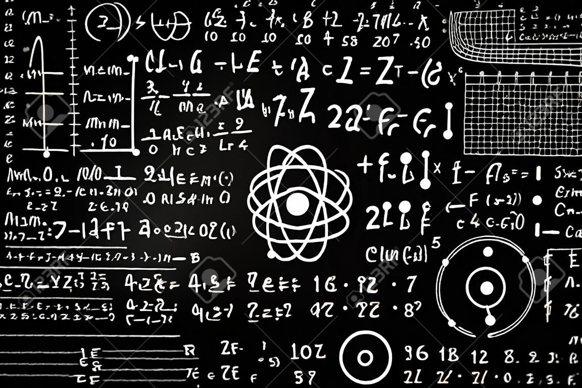 물리학 및 수학의 과학적 공식 및 계산으로 작성된 칠판. 양자 역학, 상대성 이론 및 과학적 계산과 관련된 과학 주제를 설명 할 수 있습니다.