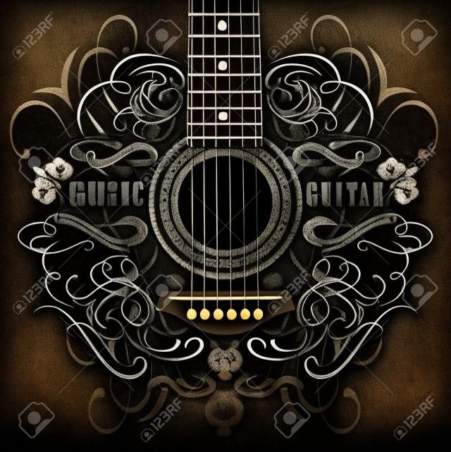 Siyah akustik gitar ile grungy background