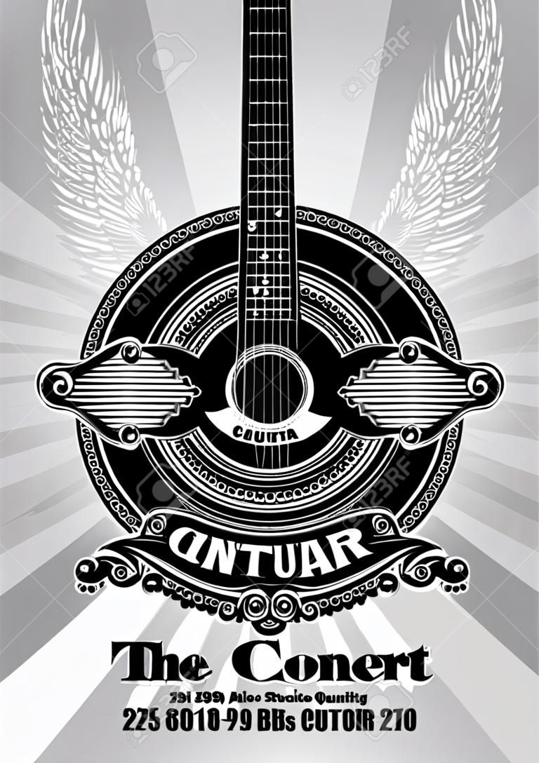 stylowe retro plakat z gitarą na tablicy koncertowej