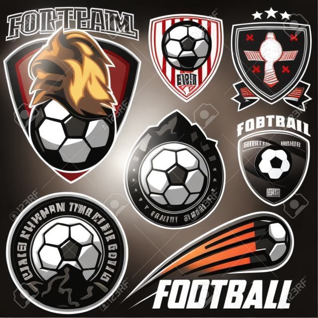 Conjunto del modelo de vector de logotipos deportivos y elementos de diseño en un tema de fútbol