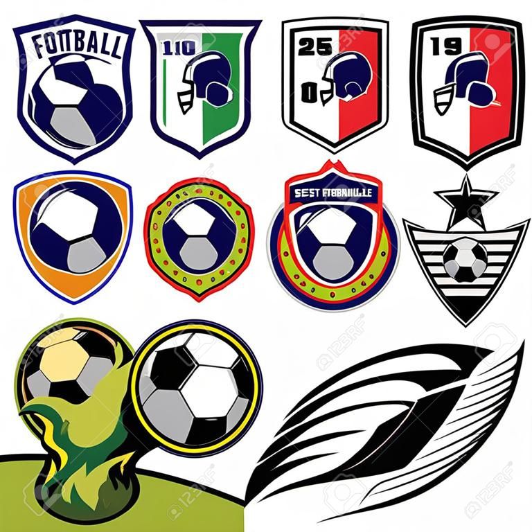 Conjunto del modelo de vector de logotipos deportivos y elementos de diseño en un tema de fútbol