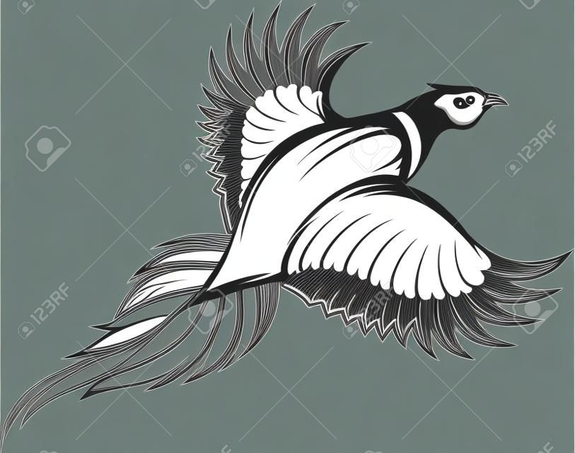 ilustración vectorial de un elegante faisán volador monocromo.