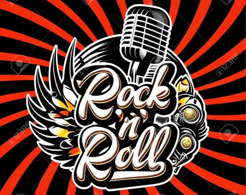 Stylish vector template for printing on the theme of rock music with a calligraphic inscription rock n roll.