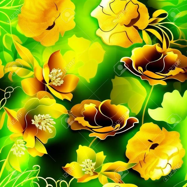 Elegante bloemen achtergrond met gouden silhouetten van bloemen op groene structuur bloeiende achtergrond