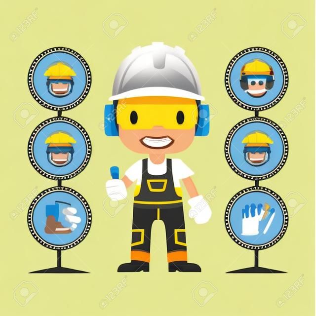 Trabalhador da construção civil reparador polegar para cima, segurança em primeiro lugar, saúde e segurança sinais de aviso, ilustrador vetorial