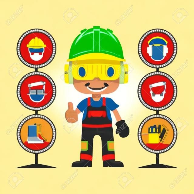 Építőipari munkás szerelőt Menő, első a biztonság, az egészség és a biztonság figyelmeztető jelek, vektorillusztrátor