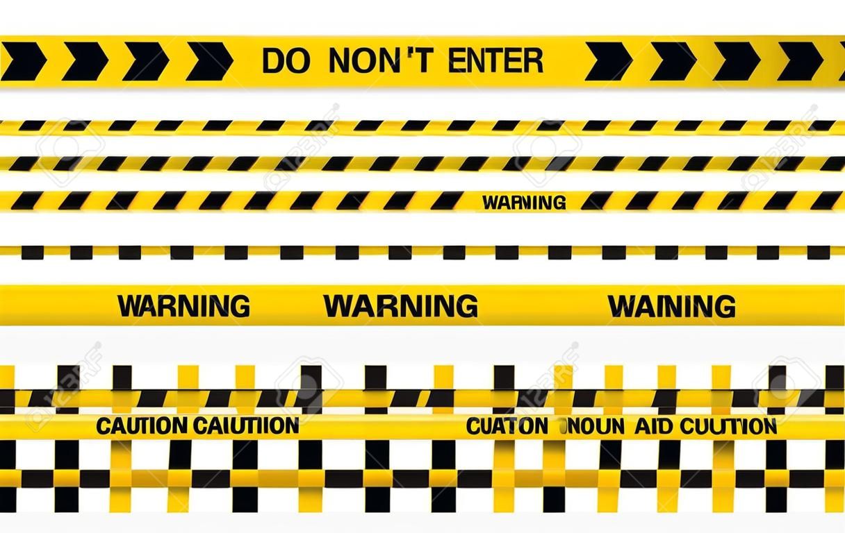 Zestaw taśm ostrzegawczych, nie należy wprowadzać żółtej wstążki. baner ostrzegawczy z wiadomością poziomą, abstrakcyjny symbol linii do druku i sieci web.