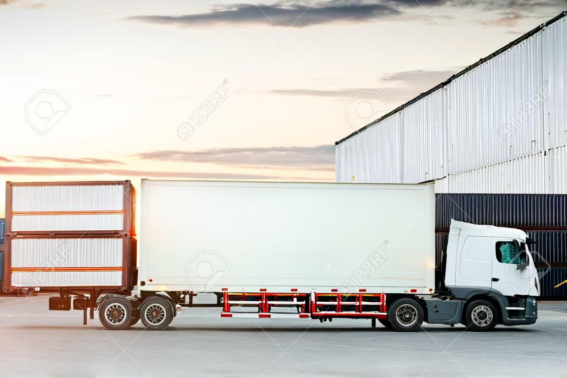 Container Truck on The Parking Lot at Warehouse. Container Tractor Truck. Trucking. Shipping Lorry Diesel Trucks. Freight Truck Logistics, Cargo Transport