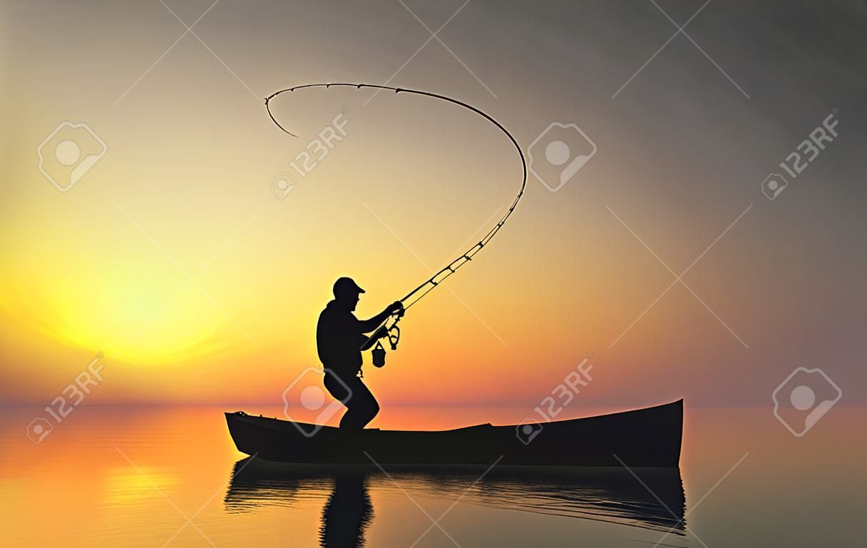 Рыбак силуэт на закате.