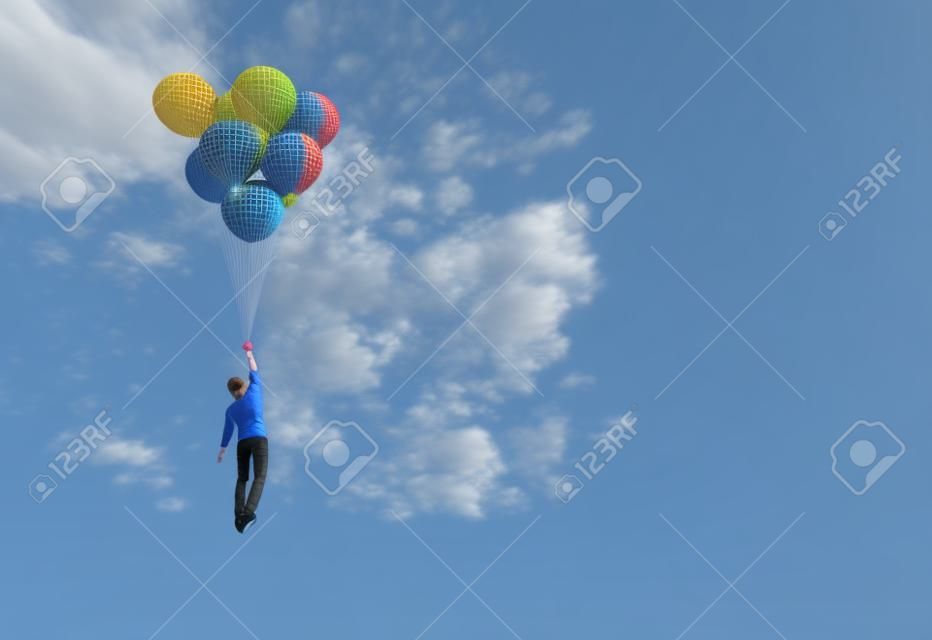 Man flying on balloons.3d render