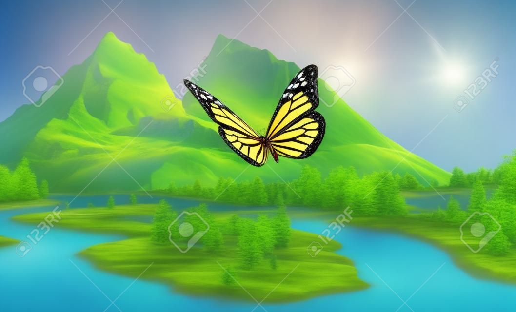 Papillon sur l'arrière-plan d'un paysage de montagne.