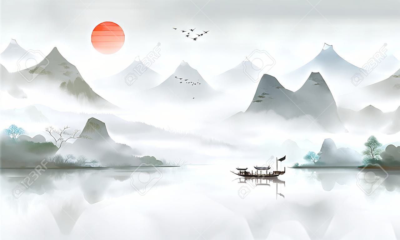 Style chinois et peinture de paysage à l'encre élégante