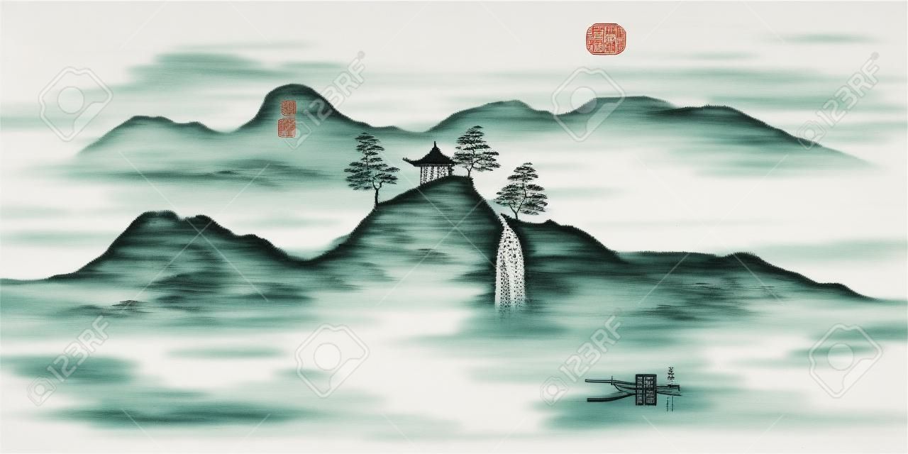 Chiński fengshui atramentowy pejzaż dekoracyjny malarstwo
