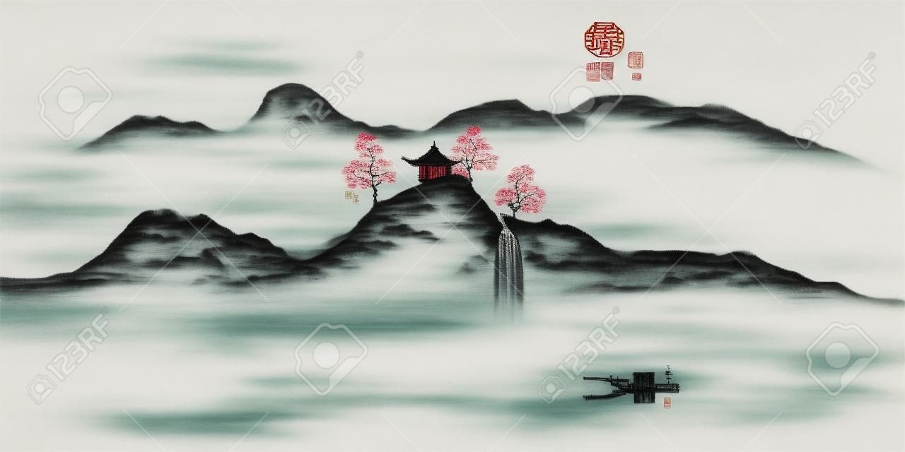 Pittura decorativa cinese del paesaggio dell'inchiostro di Fengshui