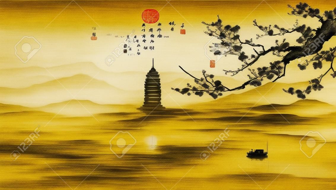 Chiński styl i atrament artystyczny krajobraz koncepcji