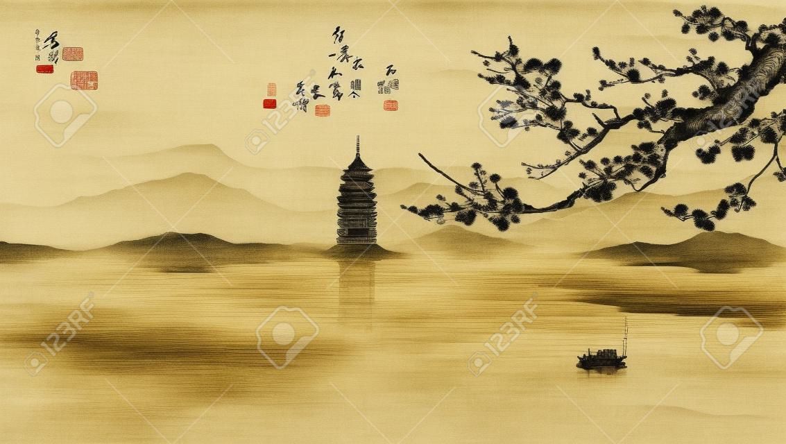 Chiński styl i atrament artystyczny krajobraz koncepcji