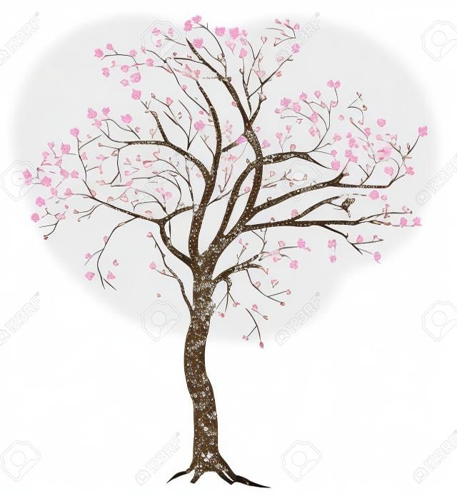 Isolated spring blooming tree illustration with detailed drawing bark for large wide-format printing