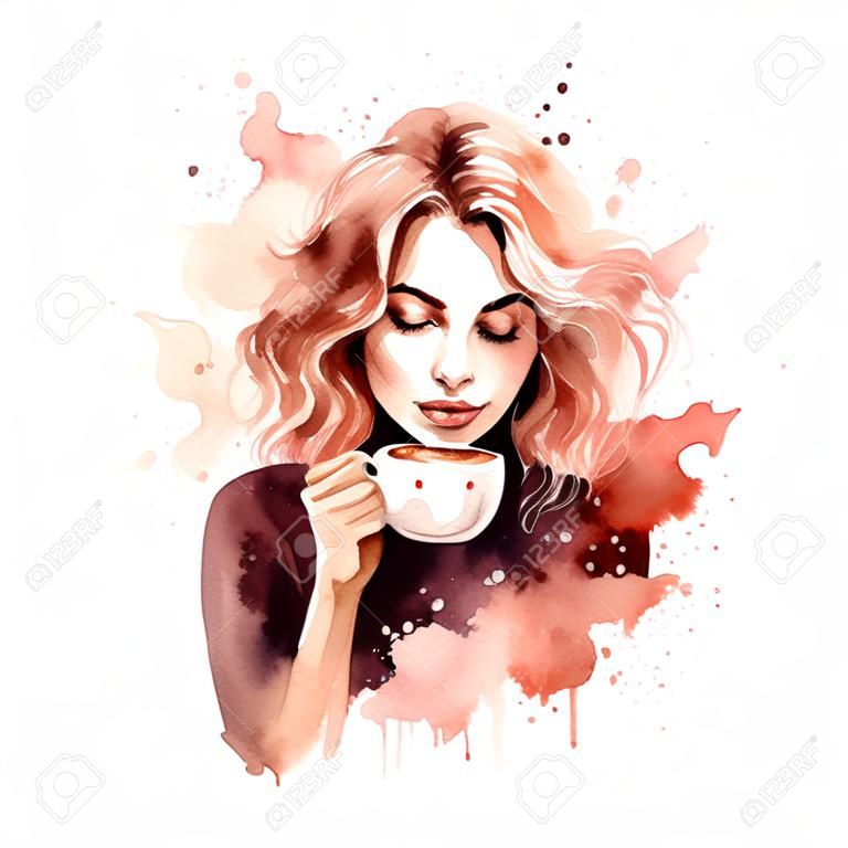 Ragazza con caffè in stile acquerello su sfondo bianco