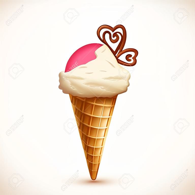 Crème glacée Vecor dans la plaquette cône avec sirop et coeurs en chocolat