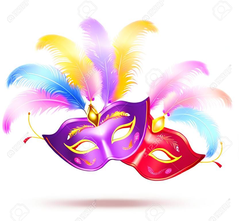 Paar heldere carnaval maskers met kleurrijke veren