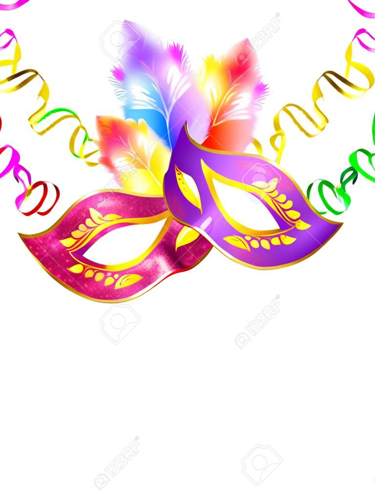 Яркие карнавальные маски с конфетти и серпантином на белом фоне