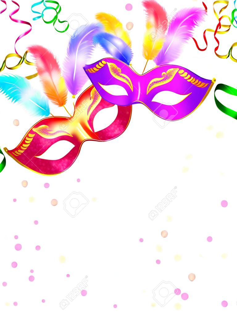 Bright carnival masks with confetti and serpentine on white background