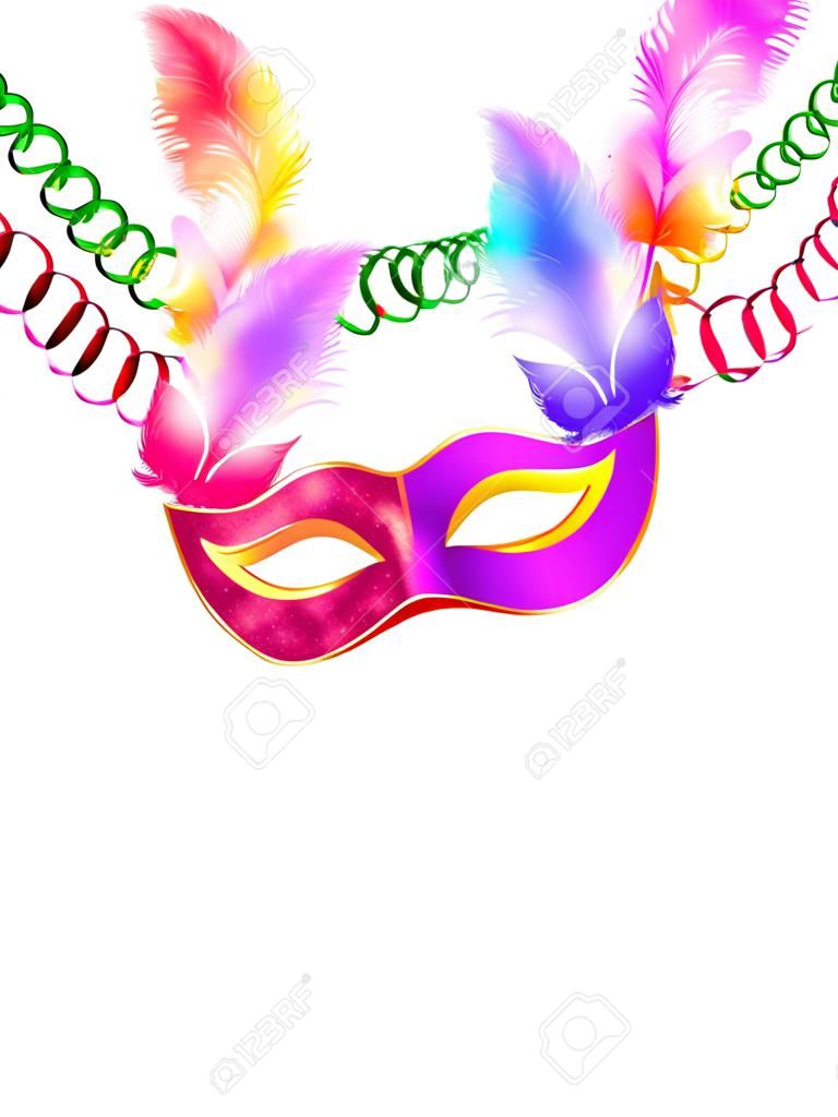 Helle Karnevalsmasken mit Konfetti und Serpentinen auf weißem Hintergrund