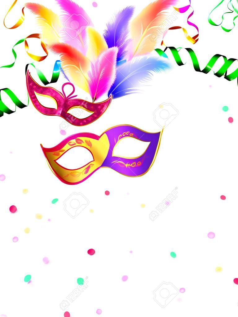 Bright carnival masks with confetti and serpentine on white background