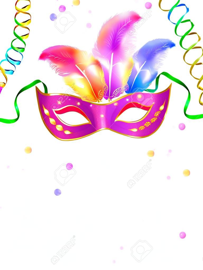 Máscaras de carnaval brillantes con confeti y serpentina sobre fondo blanco