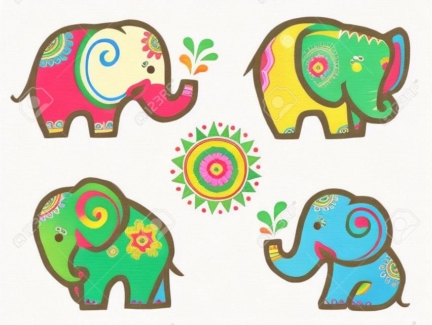 Pequenos elefantes doodle bonitos em estilo indiano
