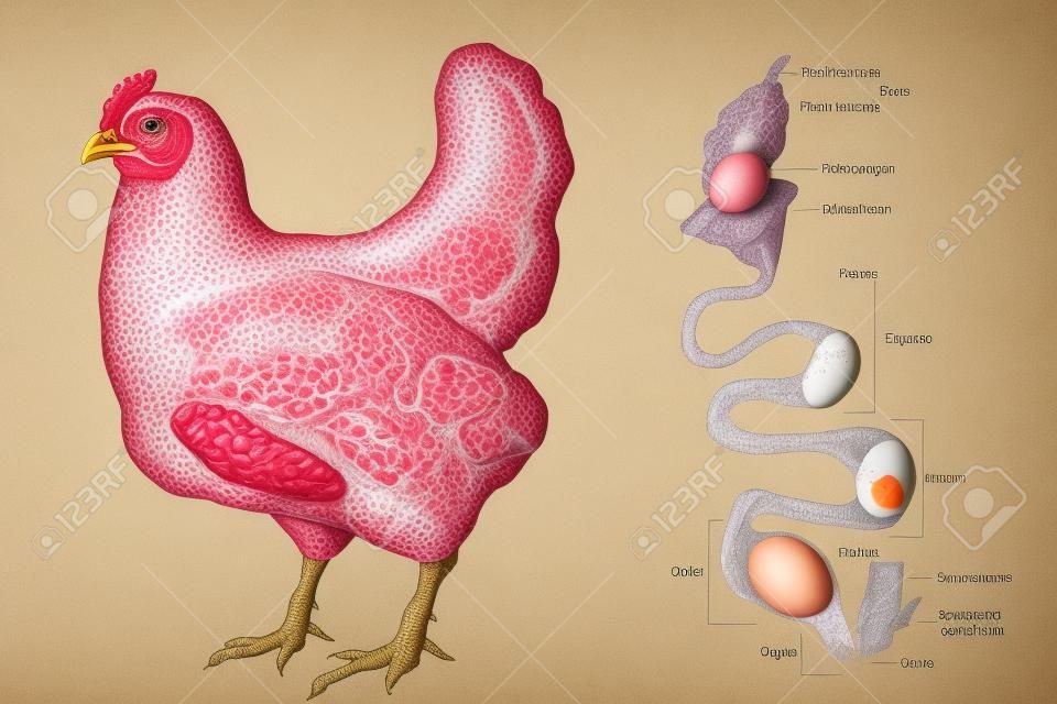 El sistema reproductivo de las gallinas que muestra el ovario y las diversas secciones del oviducto. Formación de huevos de pollo. embriología del pollo