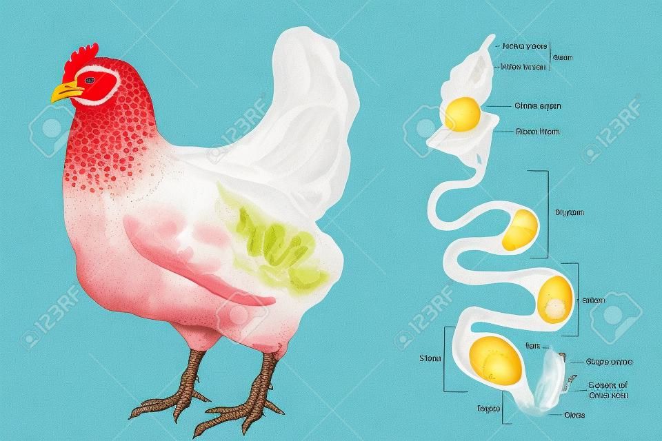 난소와 난관의 다양한 부분을 보여주는 암탉의 생식 기관. 닭 알 형성. 닭의 발생학