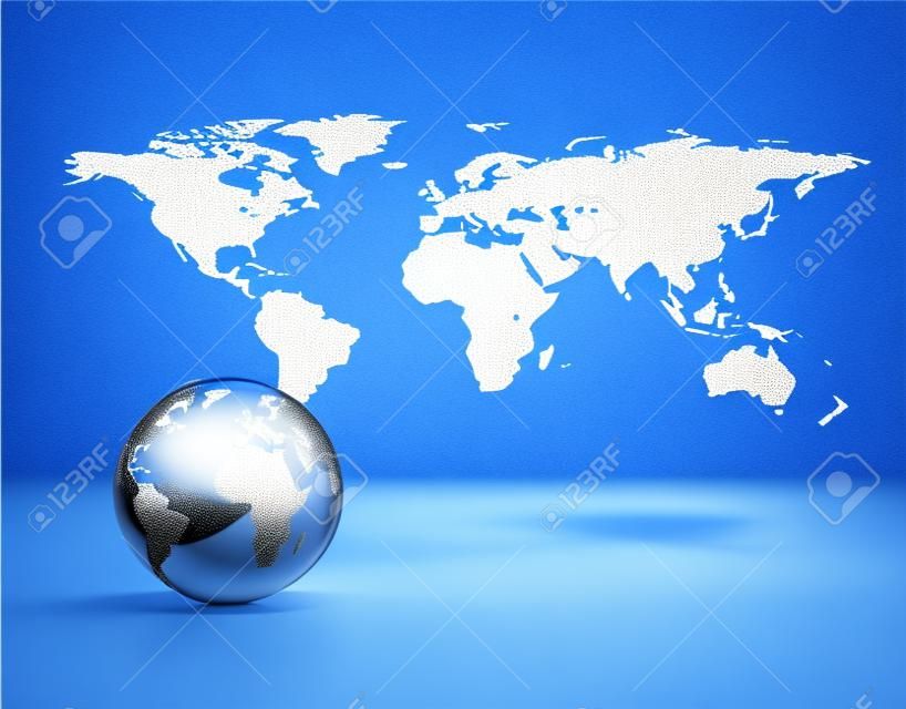 business background - light silver grey 3d globe and dotted world map with blue shiny backdrop