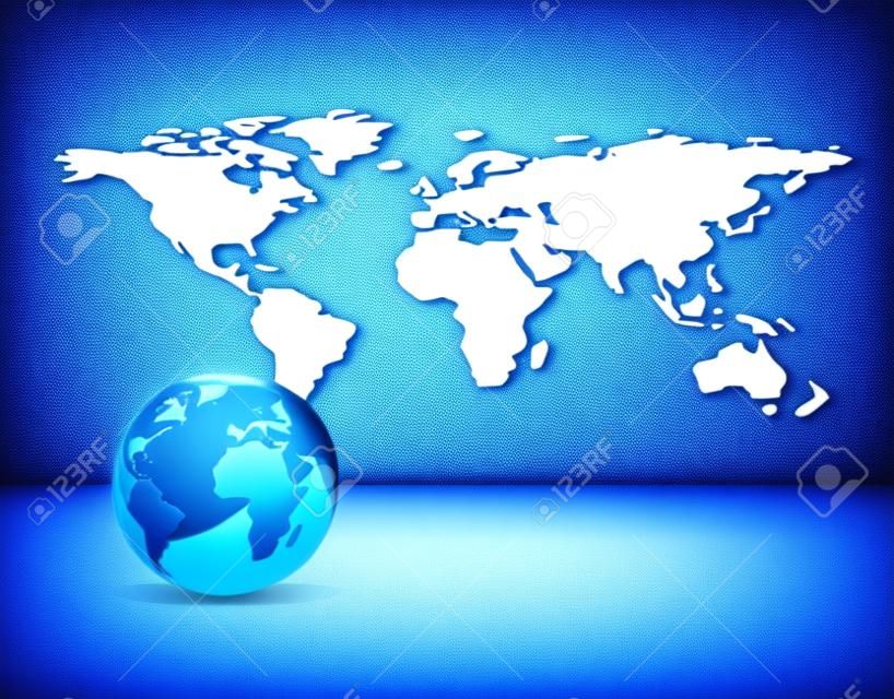 fundo de negócios - luz prata 3d globo cinza e pontilhado mapa do mundo com fundo azul brilhante