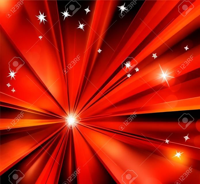 Красный абстрактный фон - солнечные лучи, звездообразования - праздничный Рождественский шаблон
