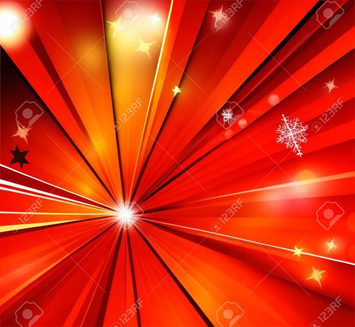 Красный абстрактный фон - солнечные лучи, звездообразования - праздничный Рождественский шаблон