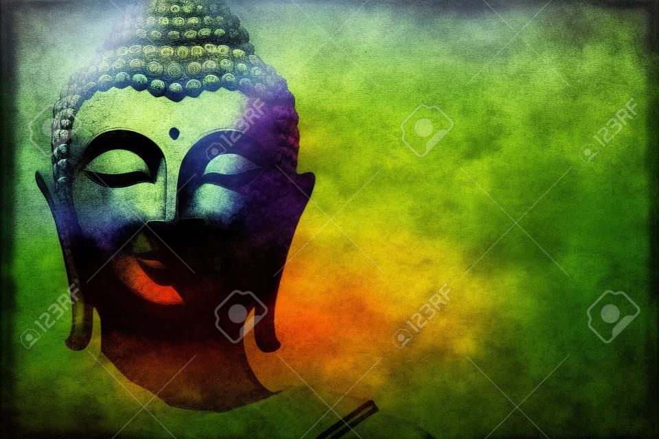 Buddha image background with face silhouette in grunge painting style