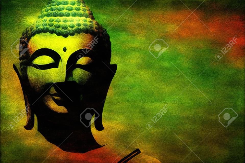 Buddha image background with face silhouette in grunge painting style