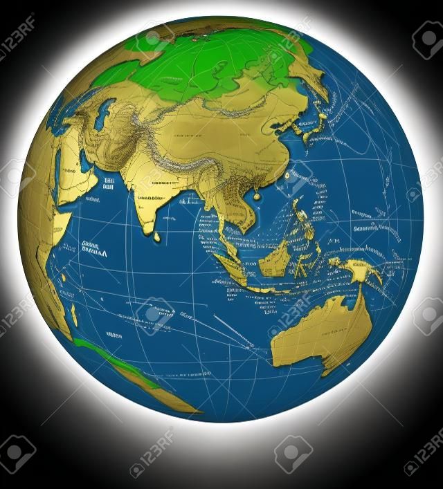 亞洲和澳大利亞的世界地圖。地球地球模型，地圖由NASA提供的