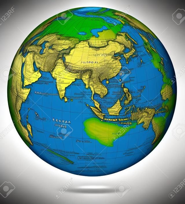 Asia and Australia world map. Earth globe model, maps courtesy of NASA