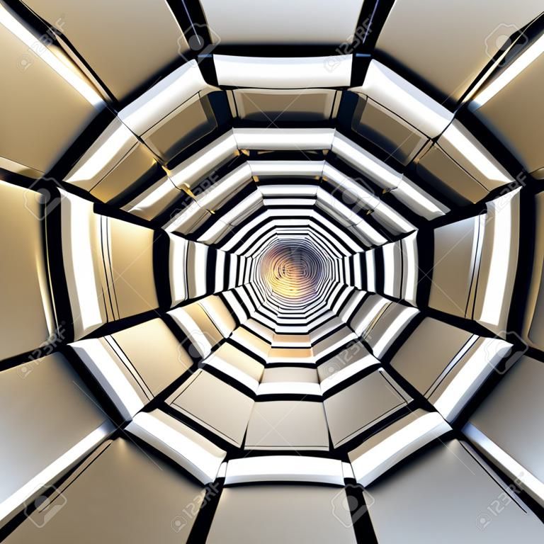 Gold abstract shapes futuristic tunnel 3d rendering