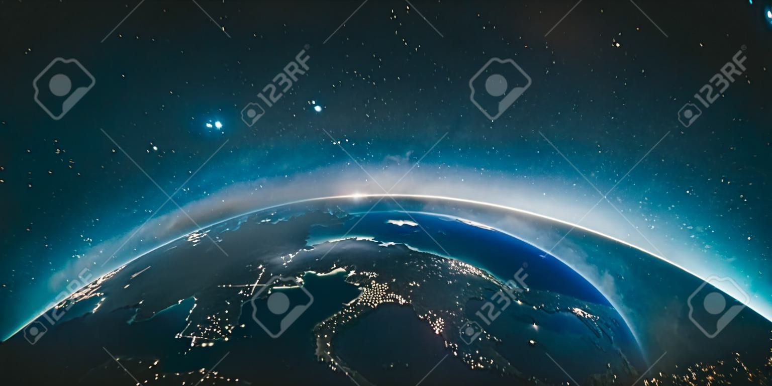 우주 3d 렌더링에서 나온 러시아 도시의 불빛