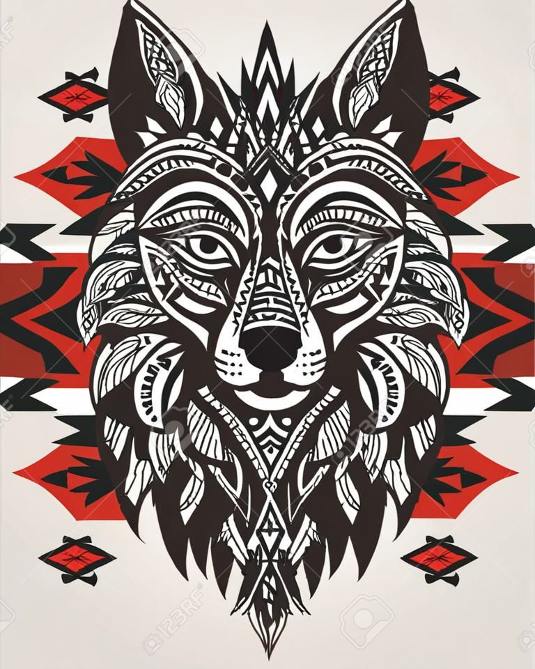 Bir kurt etnik totem. Hint kurt. bir süs ile bir kurt bir dövme. El Drawn vektör çizim
