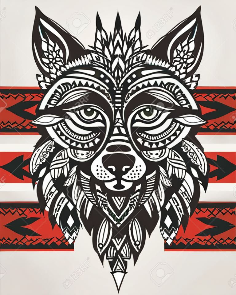totem ethnique d'un loup. loup indien. Un tatouage d'un loup avec un ornement. Hand Drawn illustration vectorielle