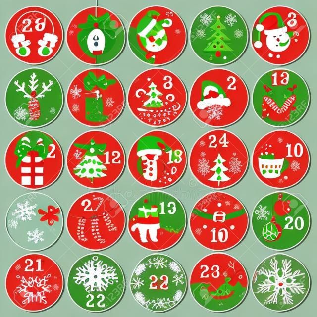 Calendario dell'Avvento di Natale con elementi disegnati a mano. Poster di Natale. Illustrazione vettoriale