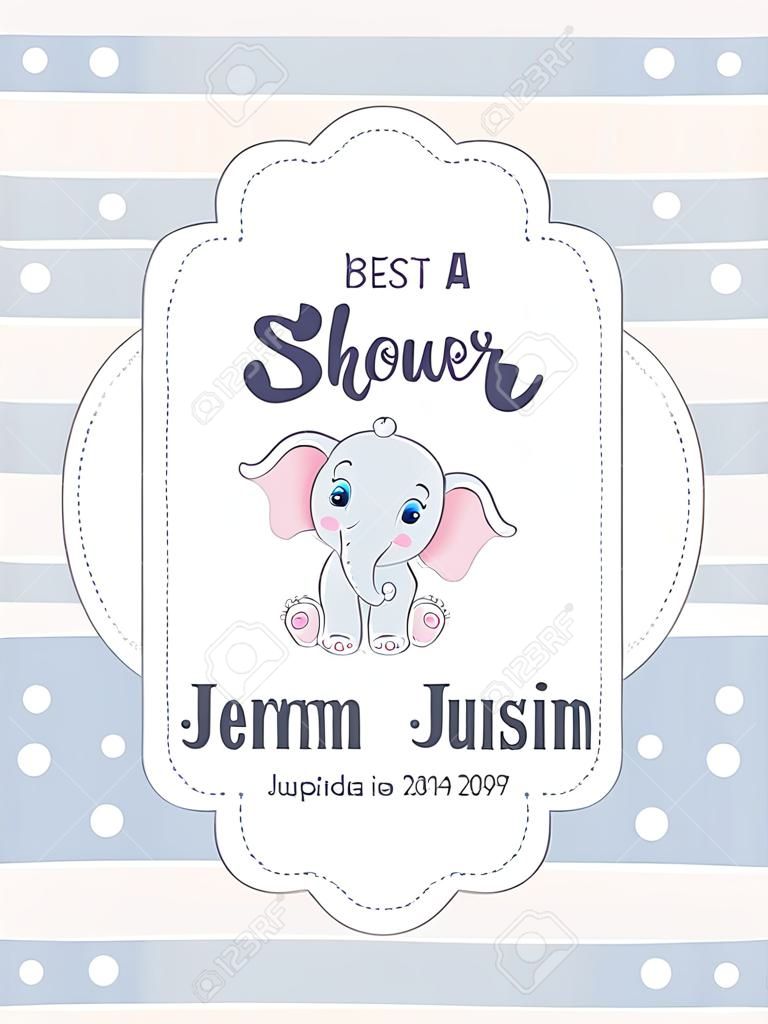 Tarjeta de Baby Shower con lindo elefante. Ilustración vectorial