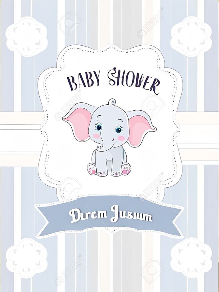 Tarjeta de Baby Shower con lindo elefante. Ilustración vectorial